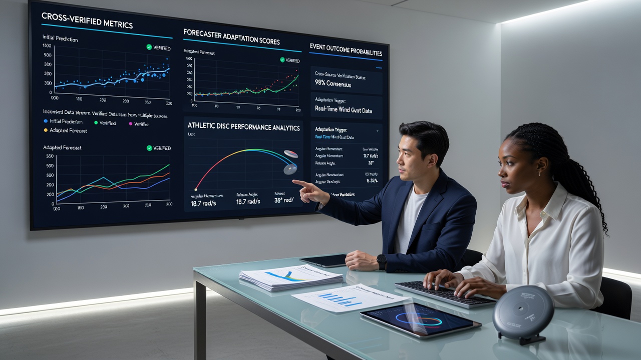 Forecasters reviewing cross-platform verification reports on multiple athletic outcome datasets