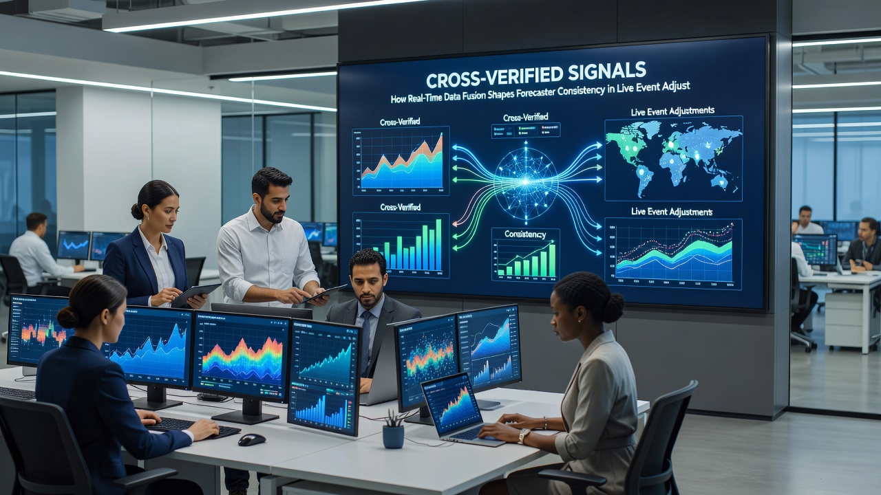 Analysts reviewing cross-verified metrics on dual monitors during a live global racing circuit broadcast