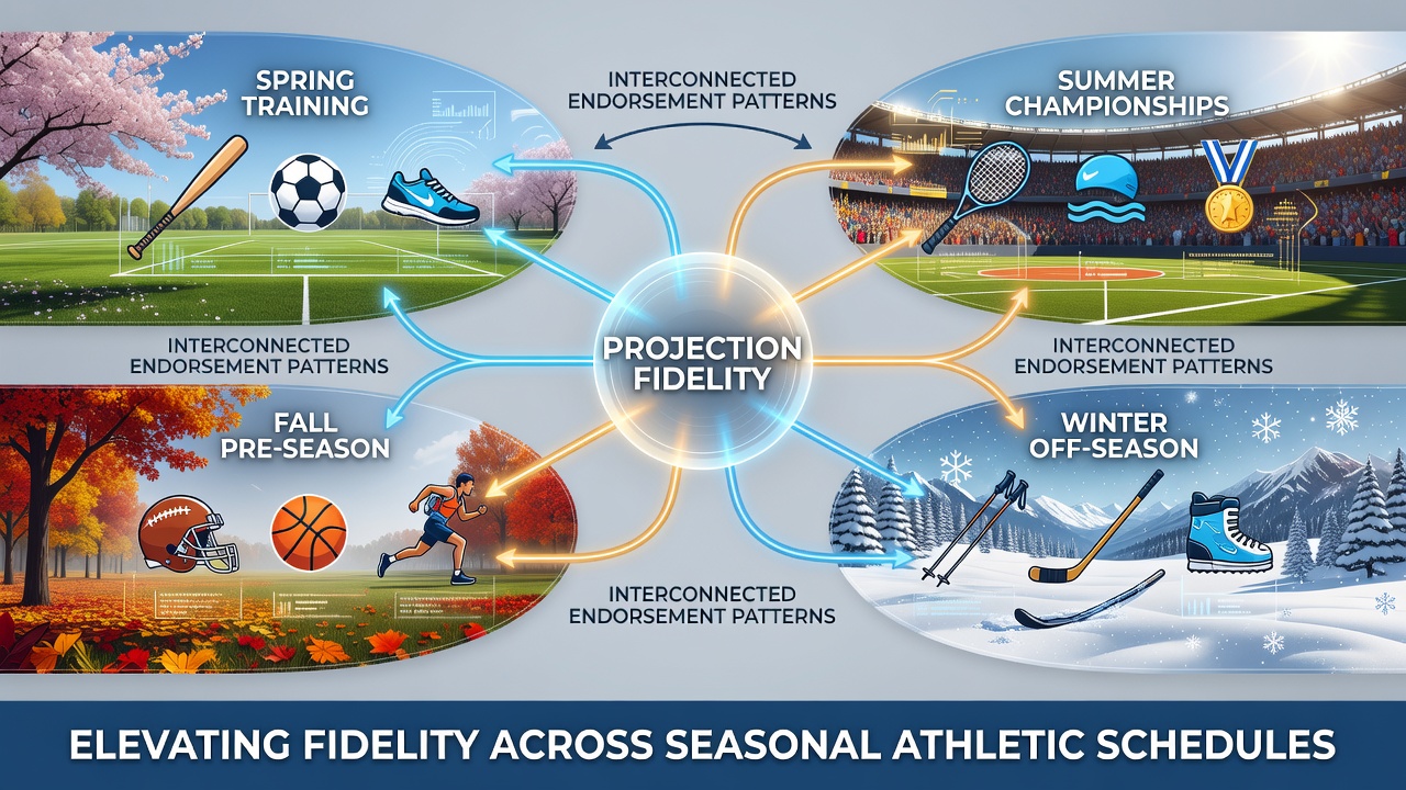 Data dashboard illustrating endorsement networks and projection accuracy across athletic seasons