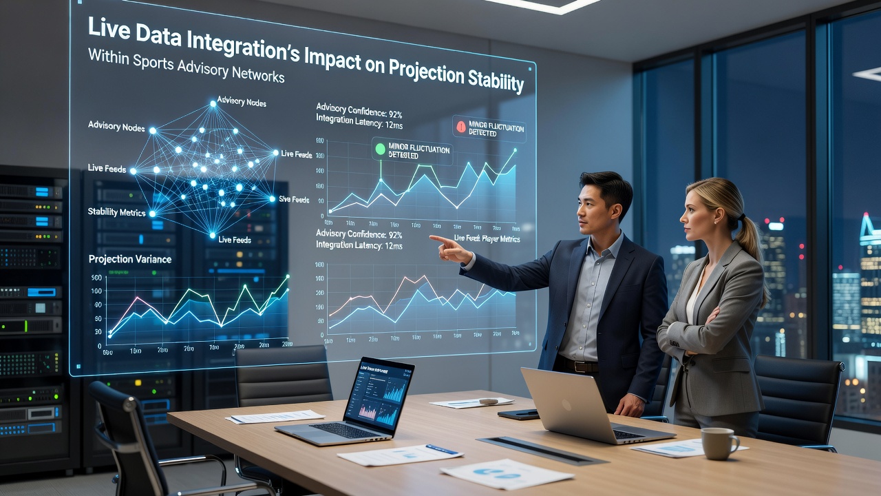 Network analysts reviewing live data dashboards for sports forecast stability