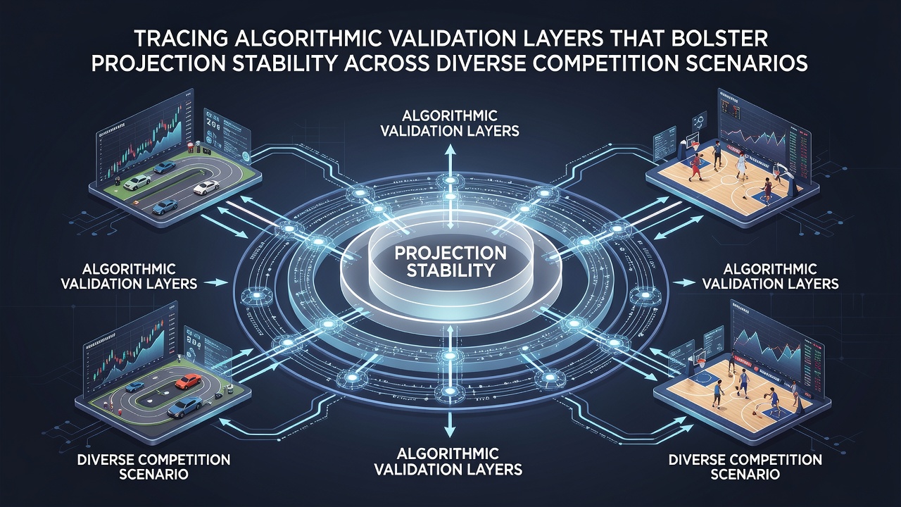Flowchart showing cross-verification and ensemble layers stabilizing betting forecasts in varied athletic schedules