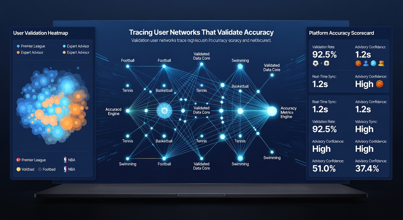 Dashboard screenshot displaying accuracy metrics and user network connections in a multi-sport advisory system