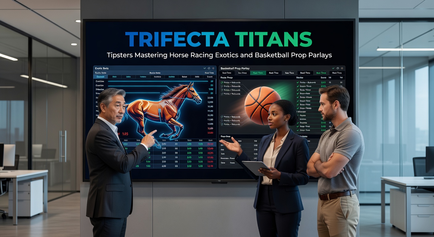 Basketball court scene with overlaid prop bet slips and a horse racing trifecta payout board